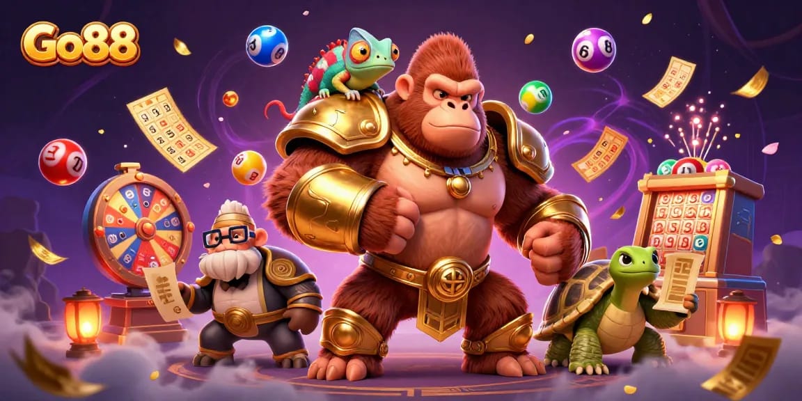 Experience the excitement of Go88 with vibrant gaming elements in a lively 3D casino scene.