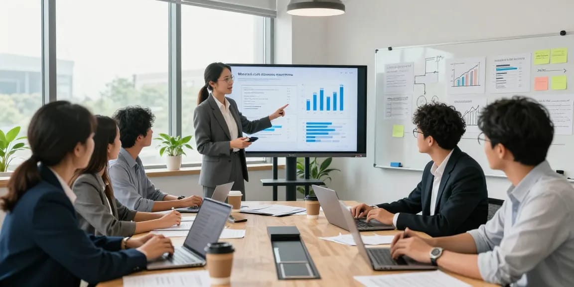 Team discussing strategies for merchant cash advance companies in a modern office.
