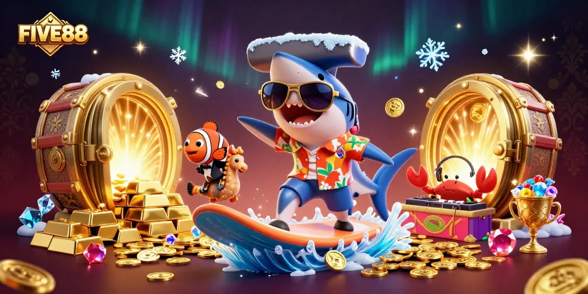 Experience the thrill of winning at FIVE88 with vibrant casino-themed characters and rich treasures in this dynamic illustration.
