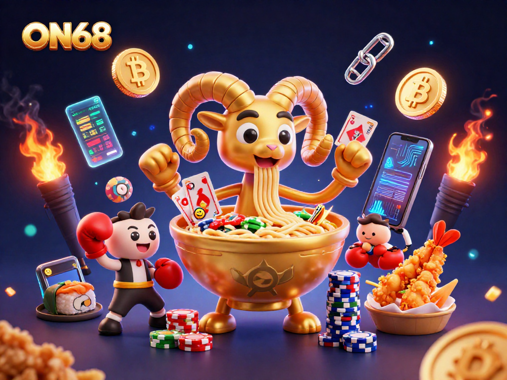 Experience thrilling games at ON68 with our vibrant casino illustration, featuring exciting characters and crypto elements.
