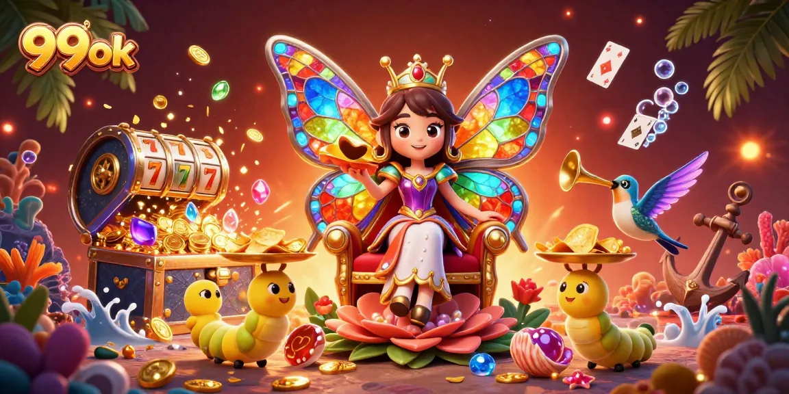 Engage with 99ok's vibrant gaming world, featuring dynamic slot elements and a colorful butterfly queen.
