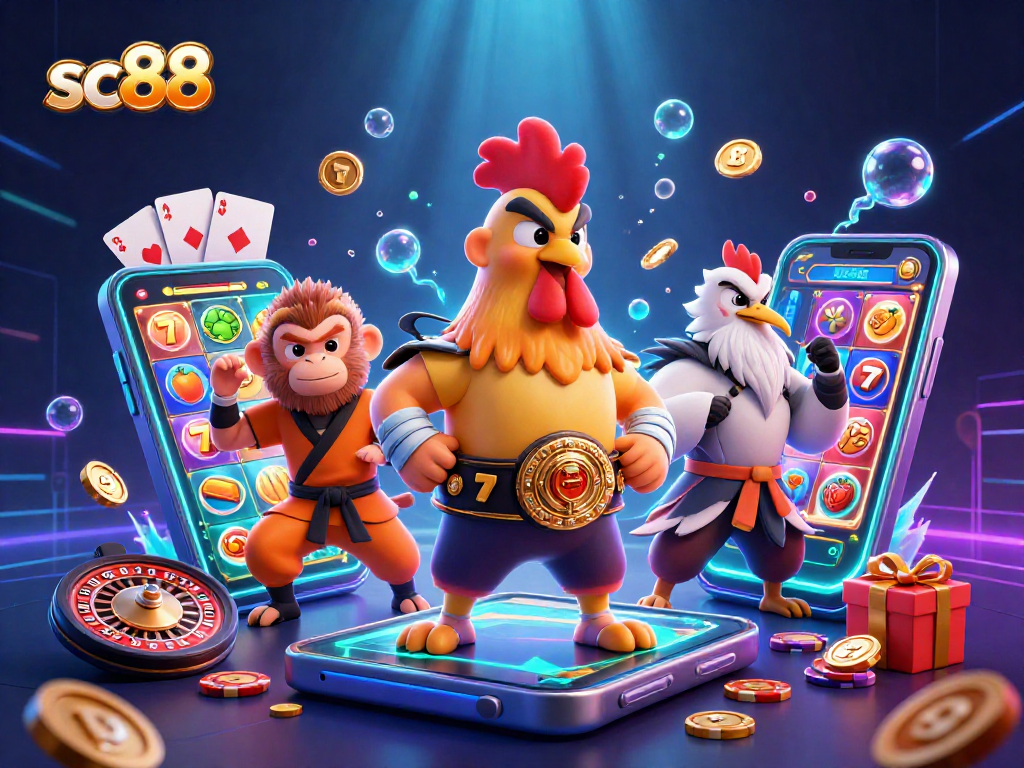 Engage with the sc88 online casino featuring a unique 3D illustration of gambling characters and slots action.