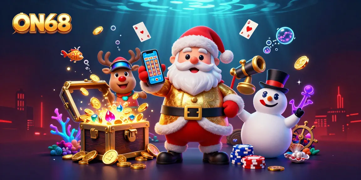 Spin to win at ON68 with Santa celebrating jackpot slots in a vibrant casino scene.