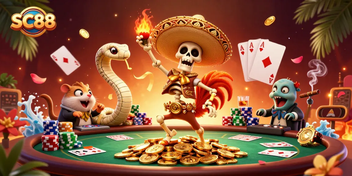 SC88 showcases a lively casino scene with a dancing mariachi rooster and poker elements.