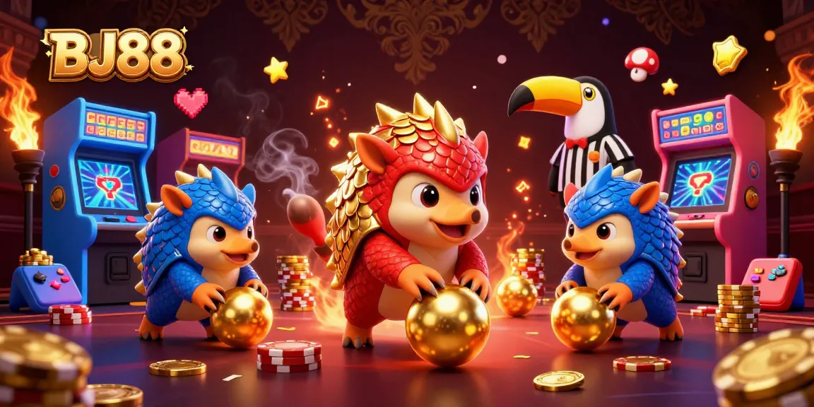 BJ88 pangolins in a competitive casino scene, showcasing vibrant gambling elements.