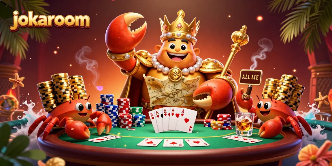 Experience thrilling poker action at jokaroom with a golden crab emperor overseeing a vibrant casino scene.