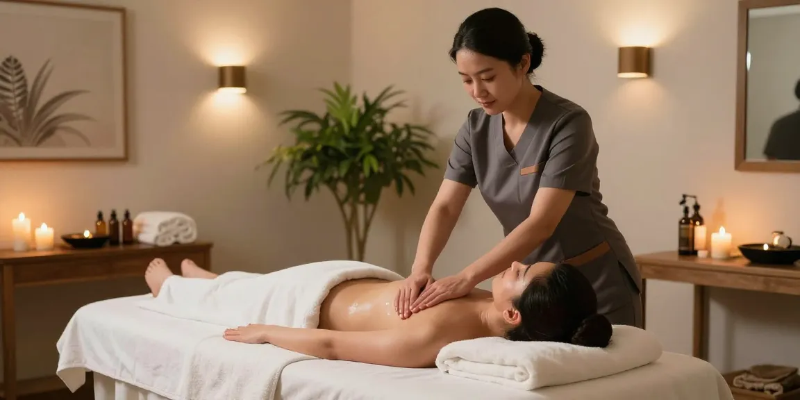 Enjoying a rejuvenating 일산출장안마 massage in a calming spa environment with essential oils and soft lighting.