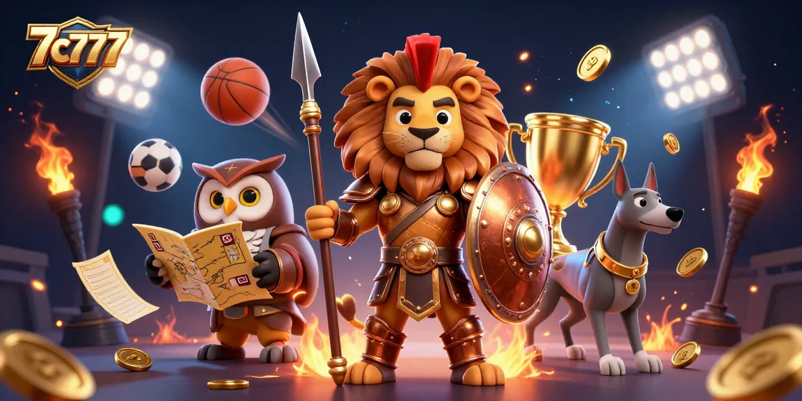 7c7777 showcases a vibrant 3D casino scene with characters and gold coins in action.