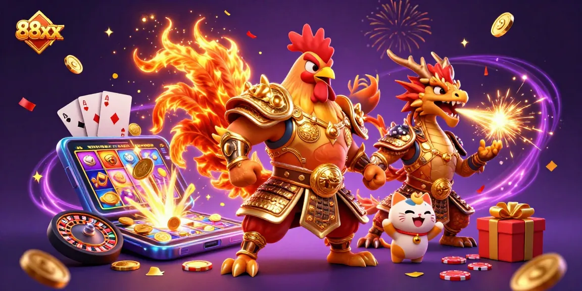 Experience thrilling victories at 88xx with dynamic cartoon characters in a lavish casino environment.