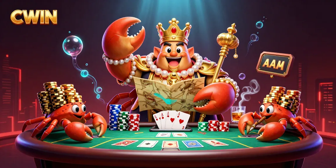 CWIN's vibrant casino scene showcases a golden crab emperor leading a treasure hunt with massive poker chips and cards.