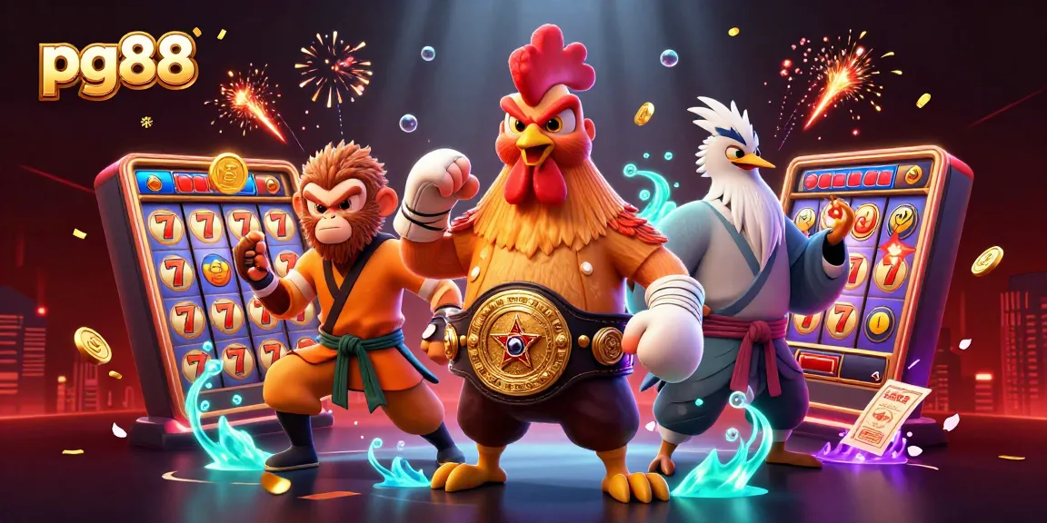 Engage with pg88 slots featuring a Muay Thai rooster, a monkey martial artist, and a wise crane, surrounded by vibrant casino elements.