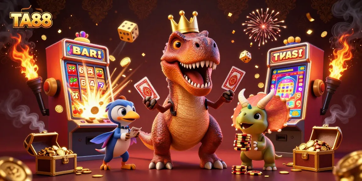TA88 showcases highly interactive gambling fun with T-Rex, pterodactyl, and triceratops amidst a jackpot explosion.
