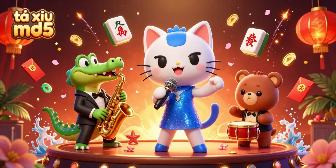 Experience exciting tài xỉu md5 gameplay with a lively 3D illustration of characters and game elements.