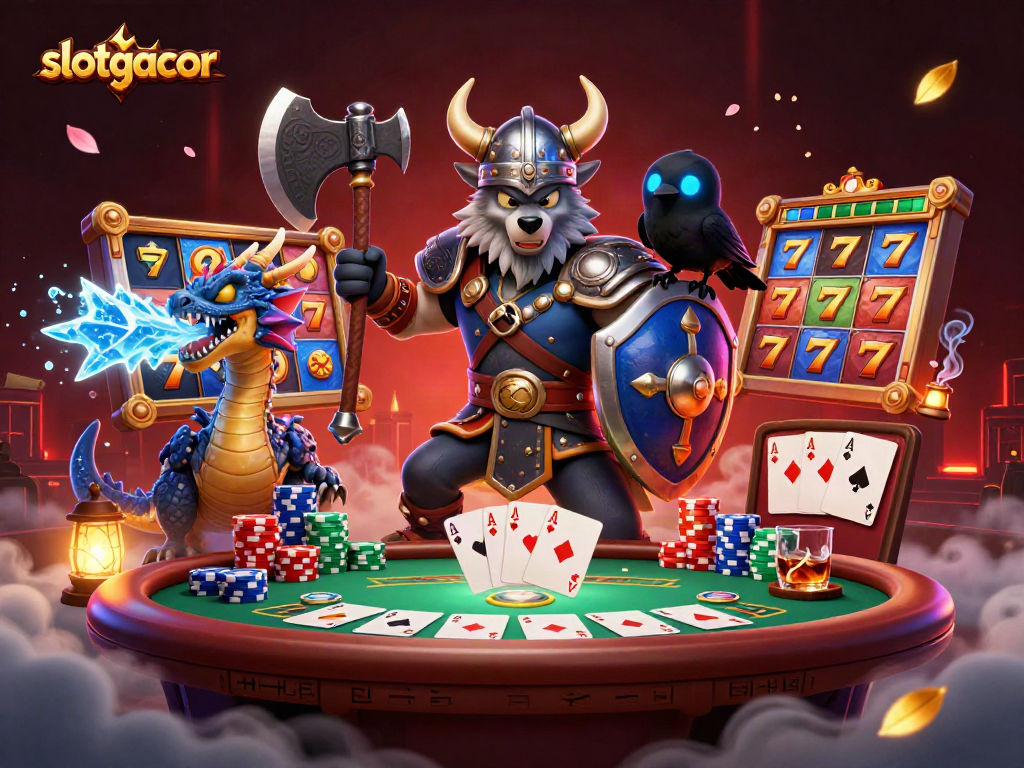 Play exciting slotgacor games with a Viking warrior, ice dragon, and poker elements in vibrant 3D.
