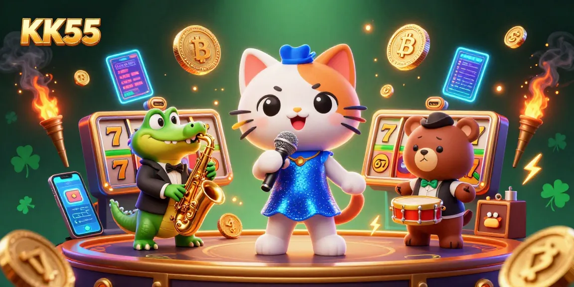 Engaging 3D illustration of KK55 showcasing lively casino elements with charismatic characters.