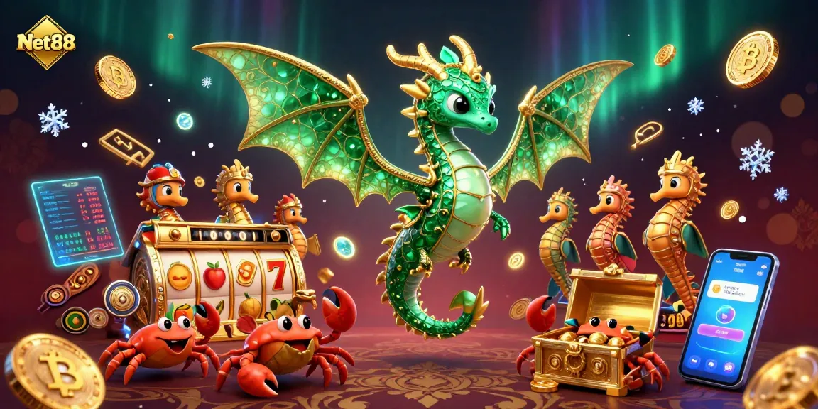 Experience the excitement of Net88's vibrant casino scene with 3D dragon and treasure elements.