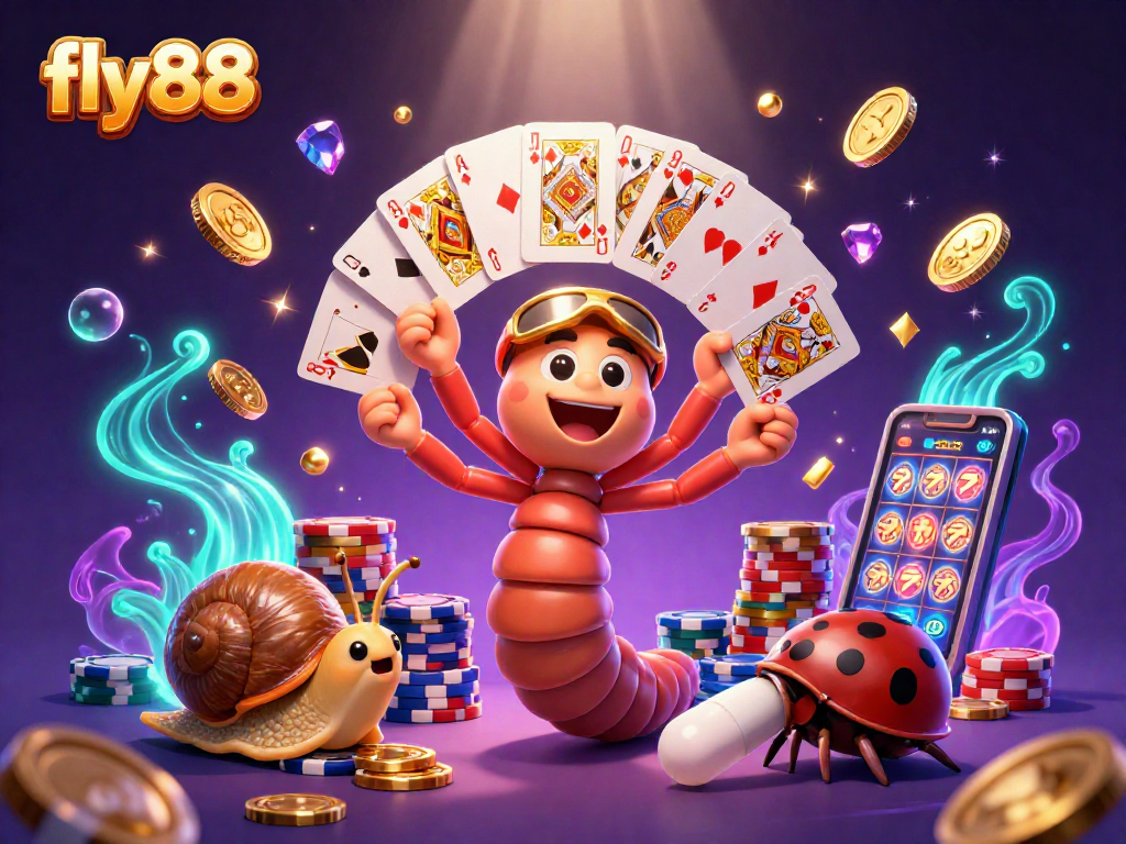 Experience the excitement of fly88 with a dynamic 3D casino scene featuring a cartoon millipede dealer and vibrant game elements.