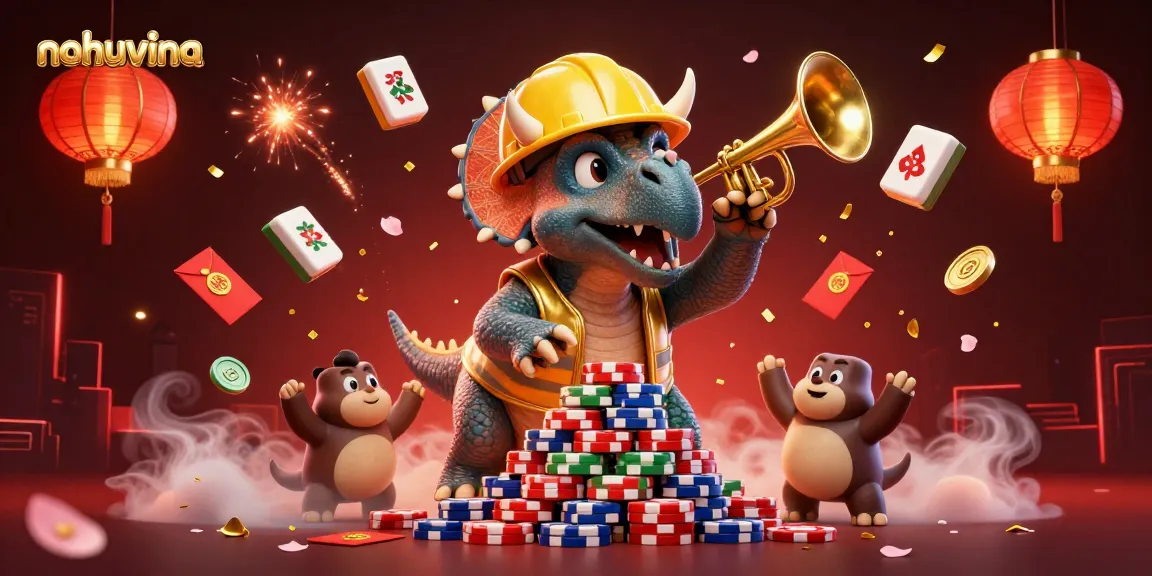 Nohuvina showcases a vibrant 3D casino scene with characters building poker chip pyramids and celebrating.