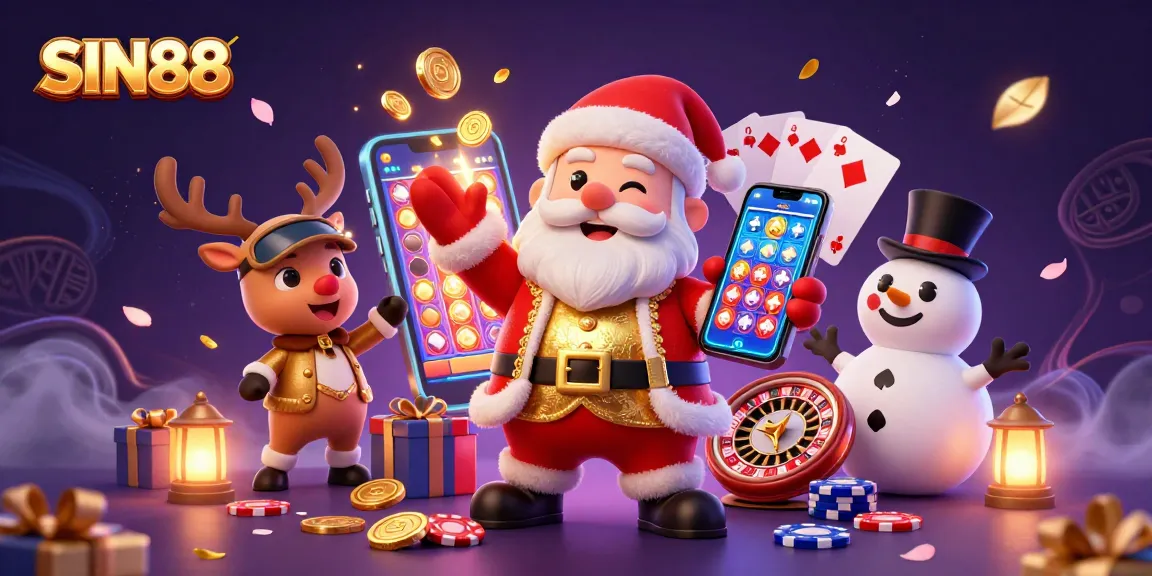 Engage with SIN88, featuring a festive casino scene with Santa and playful characters.