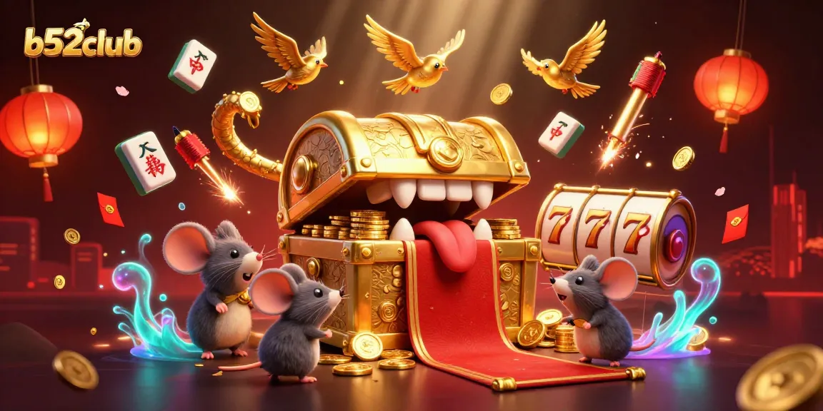 b52club enhances your gaming adventure with vibrant scene featuring slot reels and treasure elements.
