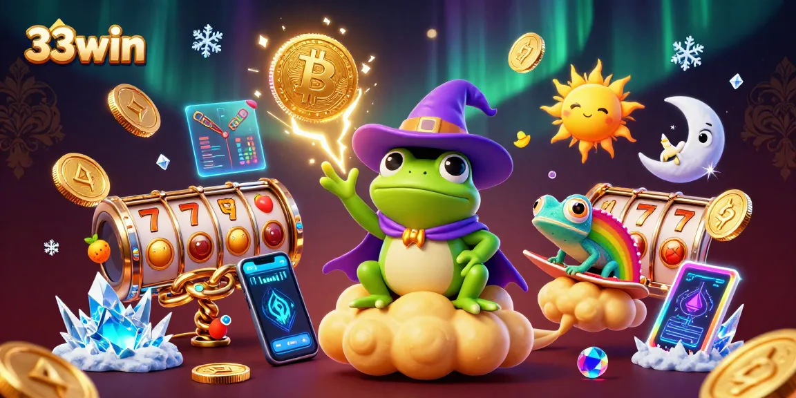 Engage with 33win's thrilling casino experience featuring a wizard frog and chameleon amidst a storm of coins.