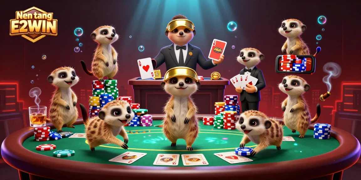 Nen tang E2WIN shows meerkats running a vibrant casino, capturing the dynamic energy of gambling.