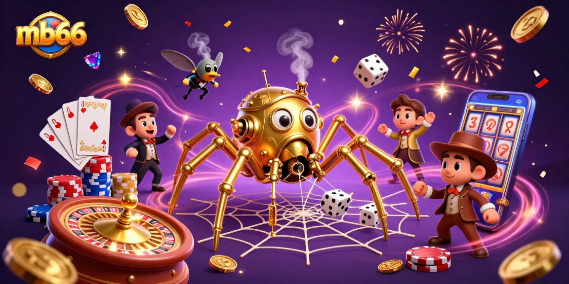 Experience high-stakes gaming at mb66 with a golden spider catching lucky dice and prize-filled web.