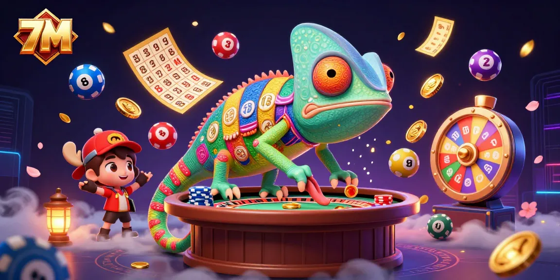 Experience thrilling action with 7M as the chameleon casino owner captures golden coins amidst vibrant lottery games.