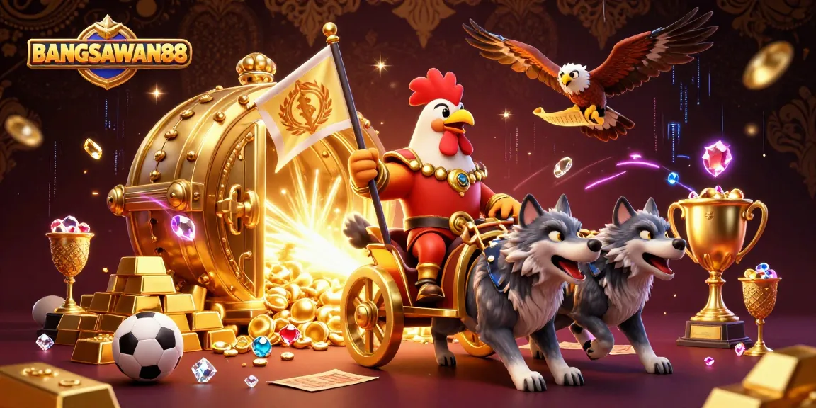 BANGSAWAN88 showcases a dynamic sports betting scene with a rooster warlord riding a golden chariot amidst treasure.