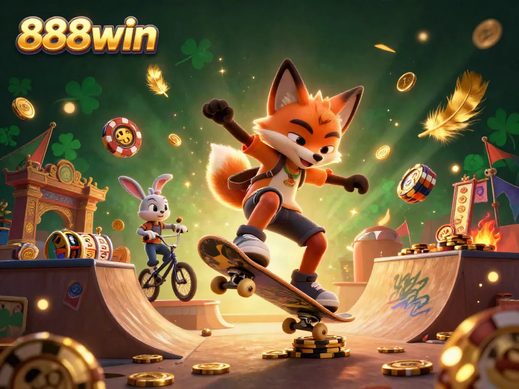 Experience thrilling action at 888win with a dynamic scene featuring a skateboarder fox and BMX rabbit among casino elements.