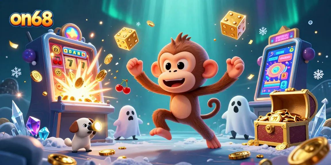 Play thrilling games on68 with a lively scene of a mischievous monkey and ghost-hunter puppy in a casino