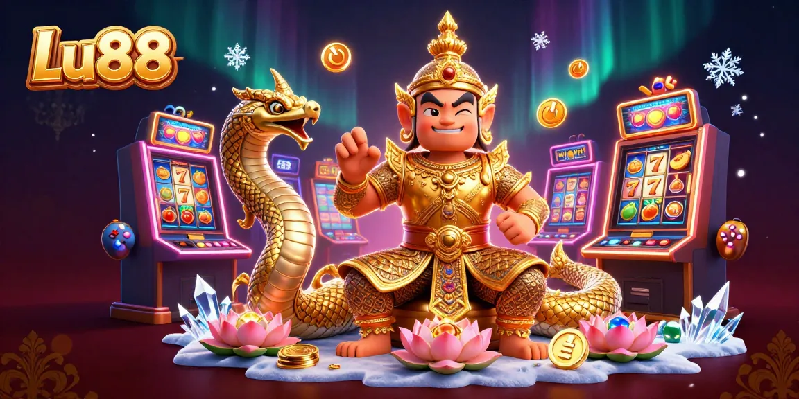 Experience excitement at Lu88 with a vibrant 3D illustration of games and golden characters.