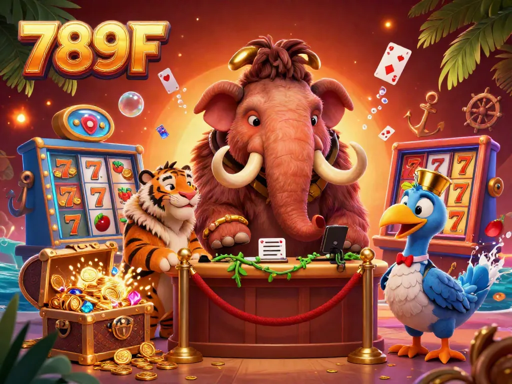 Engaging illustration of 789F's vibrant casino scene featuring a mammoth bouncer, saber-tooth tiger, and dodo doorman amidst dynamic game elements.