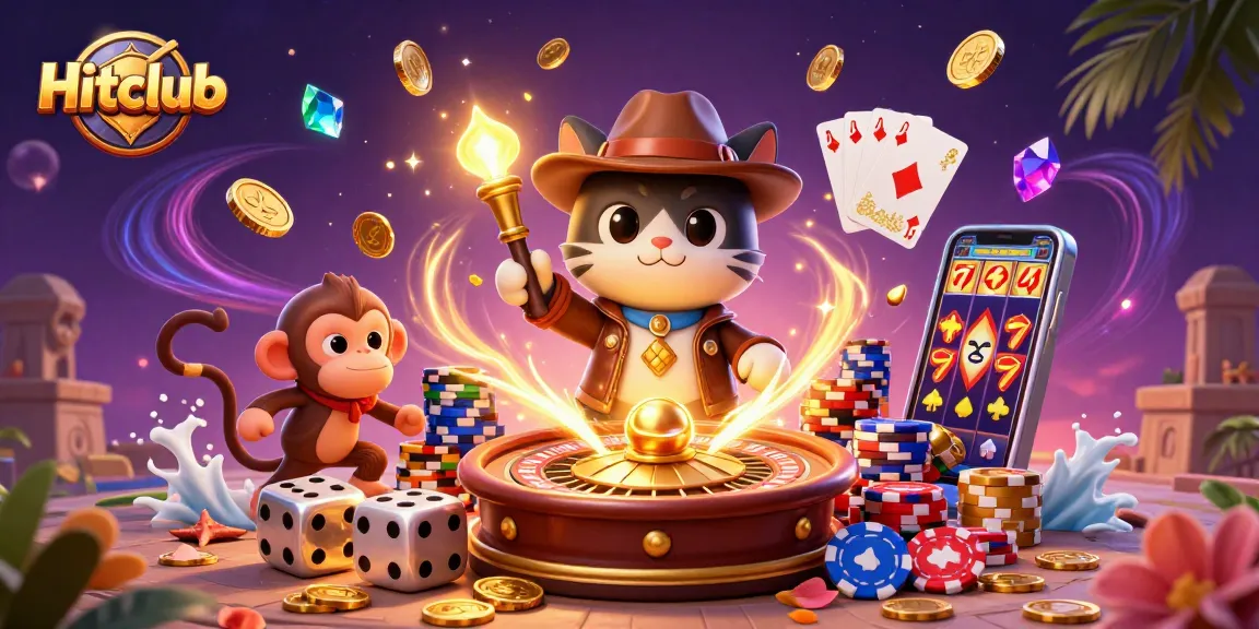 Hitclub offers thrilling gameplay with a 3D illustration of a cat archaeologist discovering a golden artifact in a vibrant casino scene.