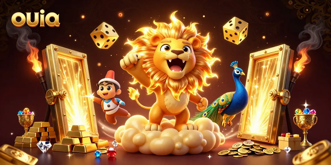 Experience the exciting world of ouia with a 3D cartoon sun lion amidst riches, evoking thrilling casino adventures.