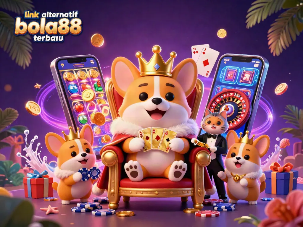 Spin and win at link alternatif bola88 terbaru with a vibrant casino scene featuring playful characters and games.