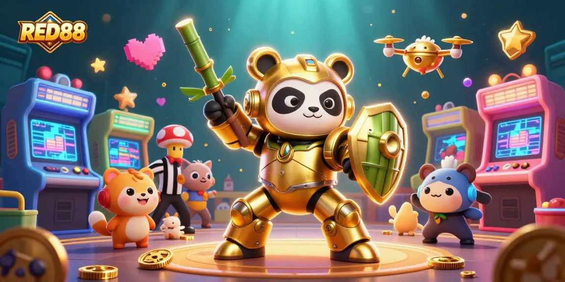 Experience the thrill of RED88 with a golden panda battling in a vibrant casino arcade.