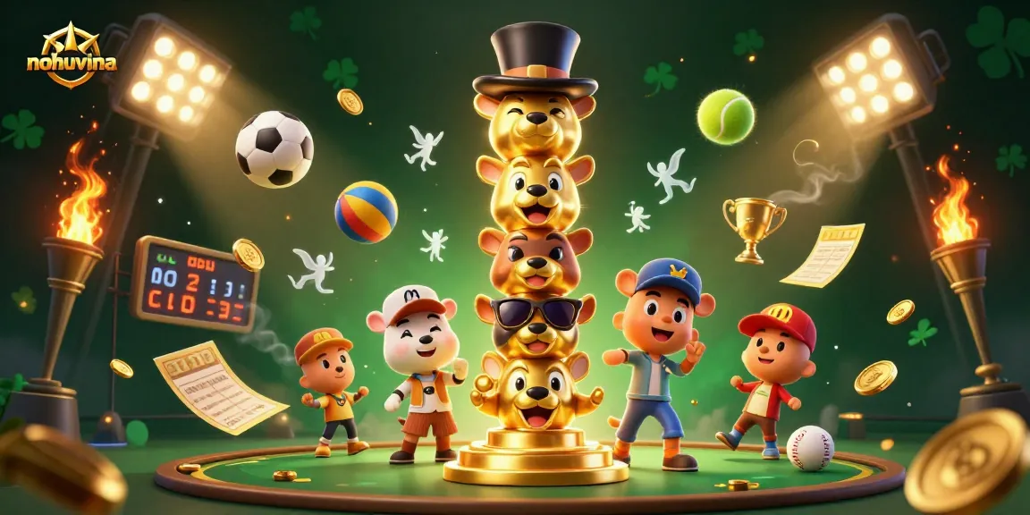 Join the action at nohuvina with vibrant casino characters, sports elements, and dazzling gold accents.