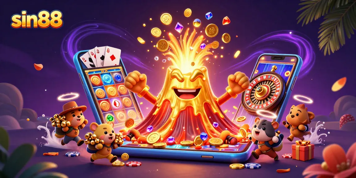 Win big with sin88 as the golden volcano erupts treasure in a vibrant casino scene.