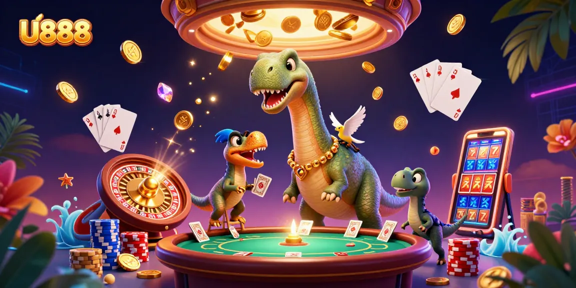 Experience the thrill of U888 with vibrant casino elements and colorful characters in an engaging 3D scene.