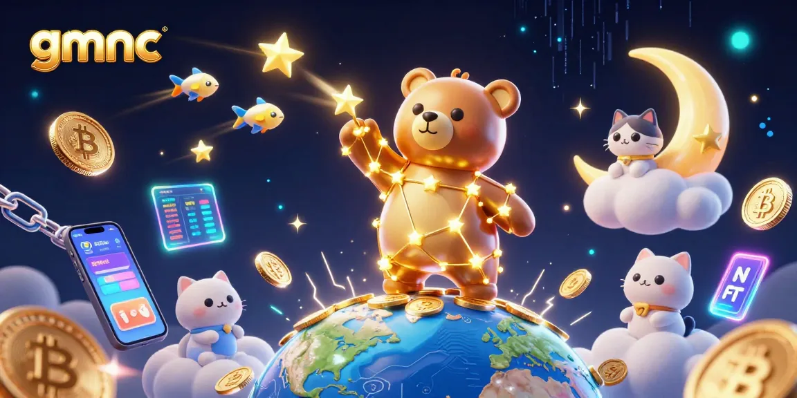 Interacting in the GMNC casino, vibrant stars and crypto coins create a thrilling jackpot experience.