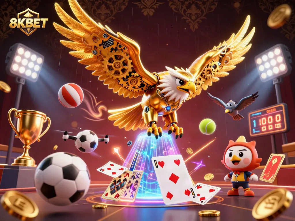 Engage with 8KBET as a cybernetic eagle soars through holographic gaming cards in a thrilling bet.