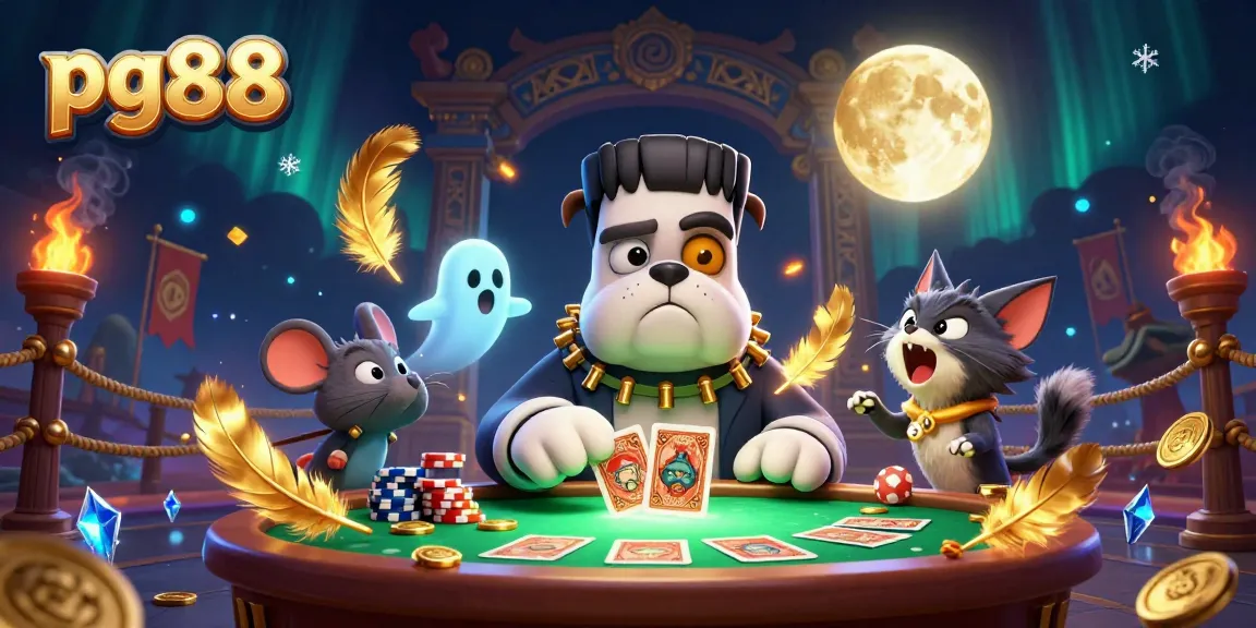 pg88 characters deal cards at a spooky table, enhancing online gaming excitement.