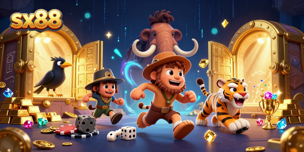 SX88 bets excitingly at a prehistoric casino with gold treasures, vibrant gems, and friendly animals.