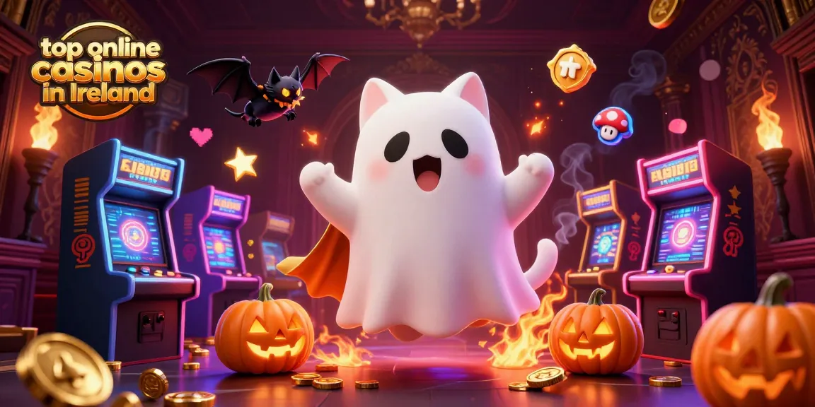 Experience the thrill of top online casinos in Ireland with a ghost cat and bat in a haunted casino.