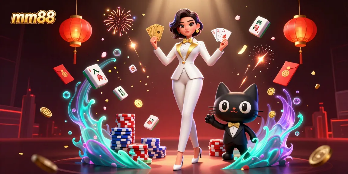 Experience the thrill of mm88 casino with a glamorous dealer and festive gambling elements.