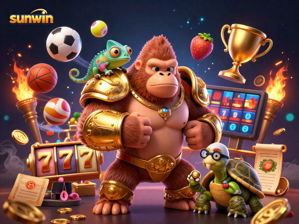 Experience thrilling wins at sunwin with a powerful gorilla king and a wise tortoise in a vibrant casino scene.