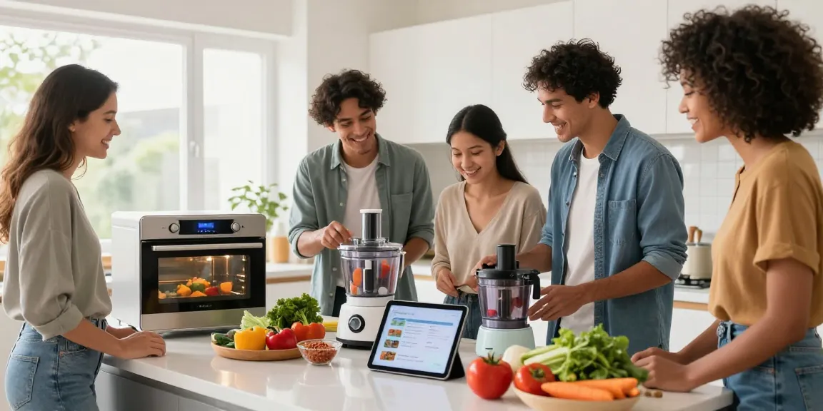 Group cooking with innovative AI cooking gadgets in a bright modern kitchen.