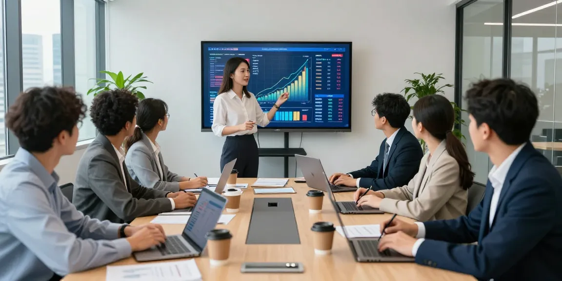Collaborative strategy session at the WPS Official Website headquarters with a diverse team analyzing growth metrics on a display.