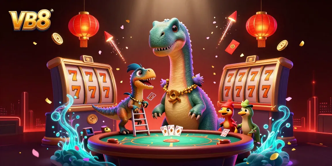 VB8 offers instant excitement by showcasing casino elements like slot reels and card dealing in a vibrant environment.